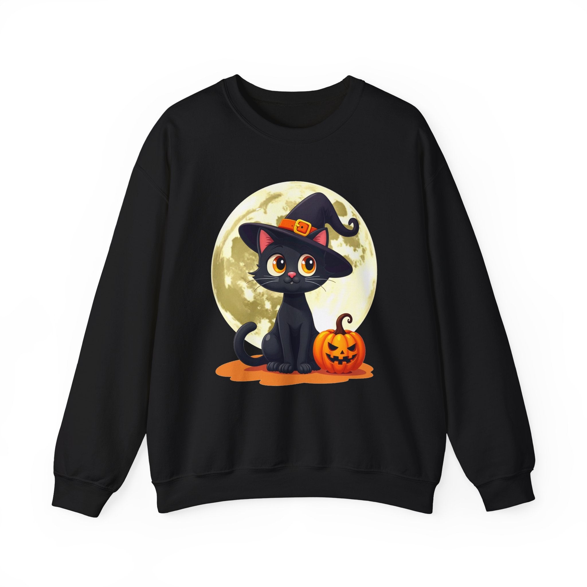Black sweatshirt with Halloween design of a black cat, witch hat, and pumpkin in front of a moon.