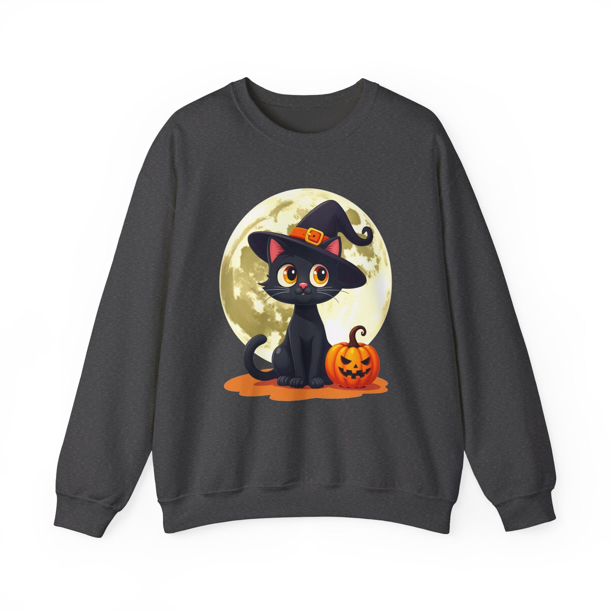 Dark Heather sweatshirt with a Halloween design of a black cat, witch hat, and pumpkin in front of a moon on a white background.
