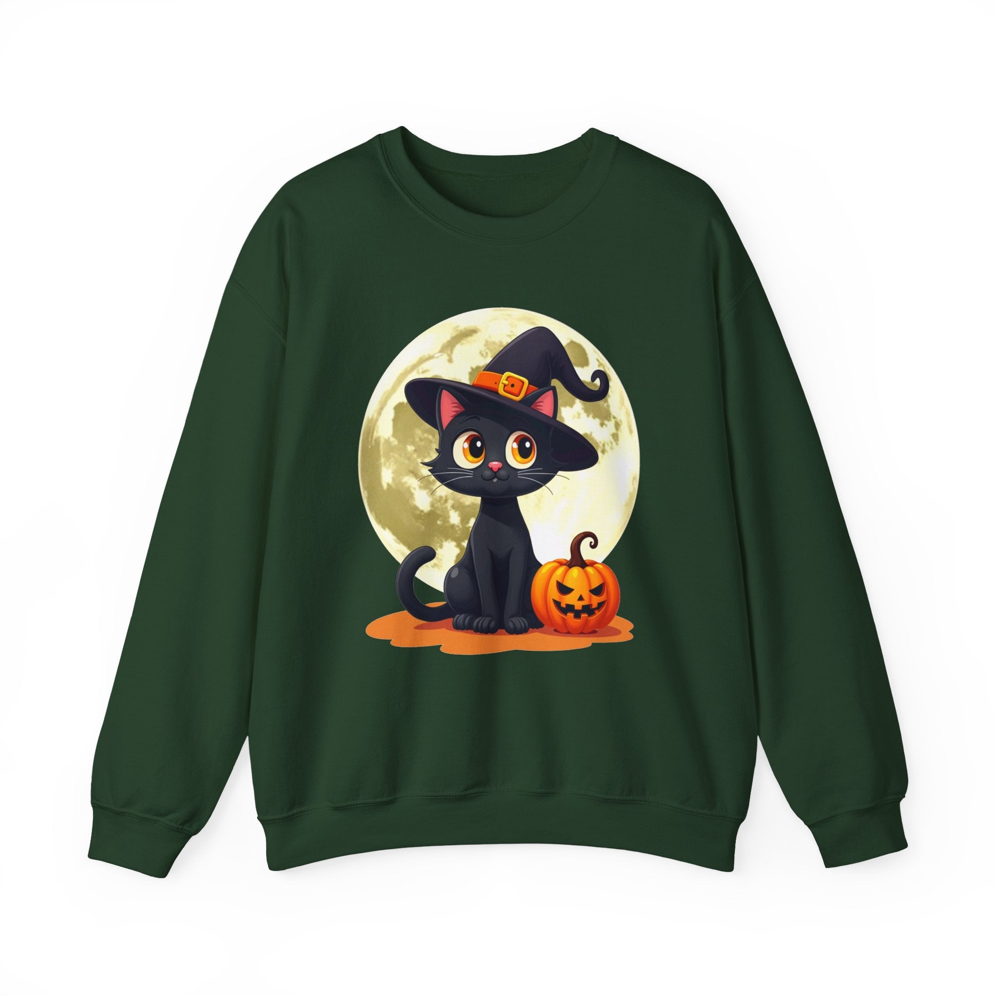 Forest green sweatshirt with a Halloween design of a black cat, pumpkin, and moon on a white background