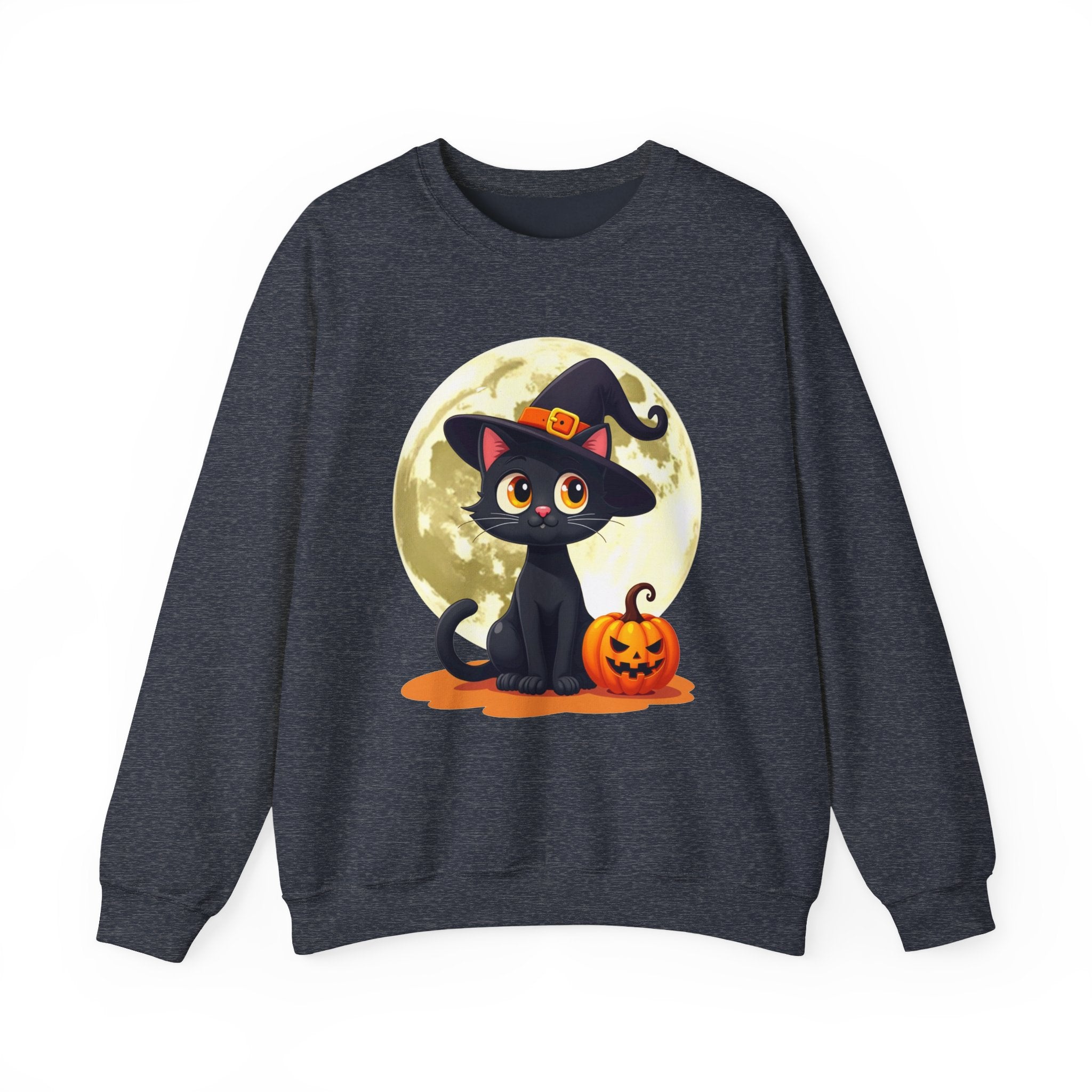 Heather sport dark navy gray sweatshirt with a Halloween design featuring a black cat, witch hat, and pumpkin on a white background.