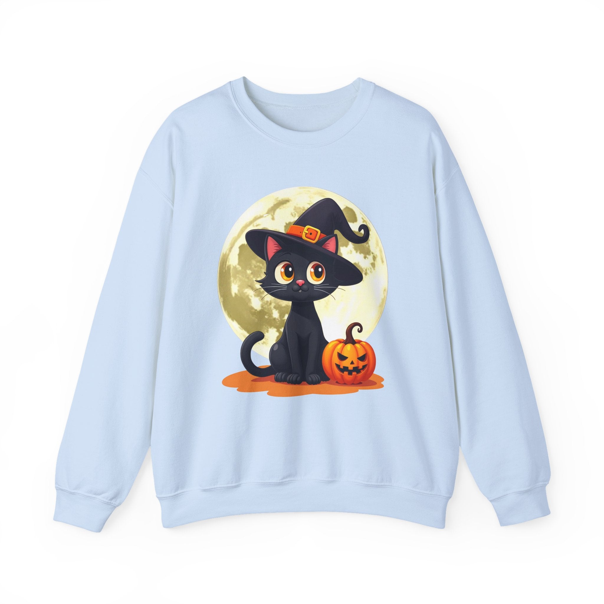 Light blue sweatshirt with a Halloween design of a black cat and pumpkin on a white background