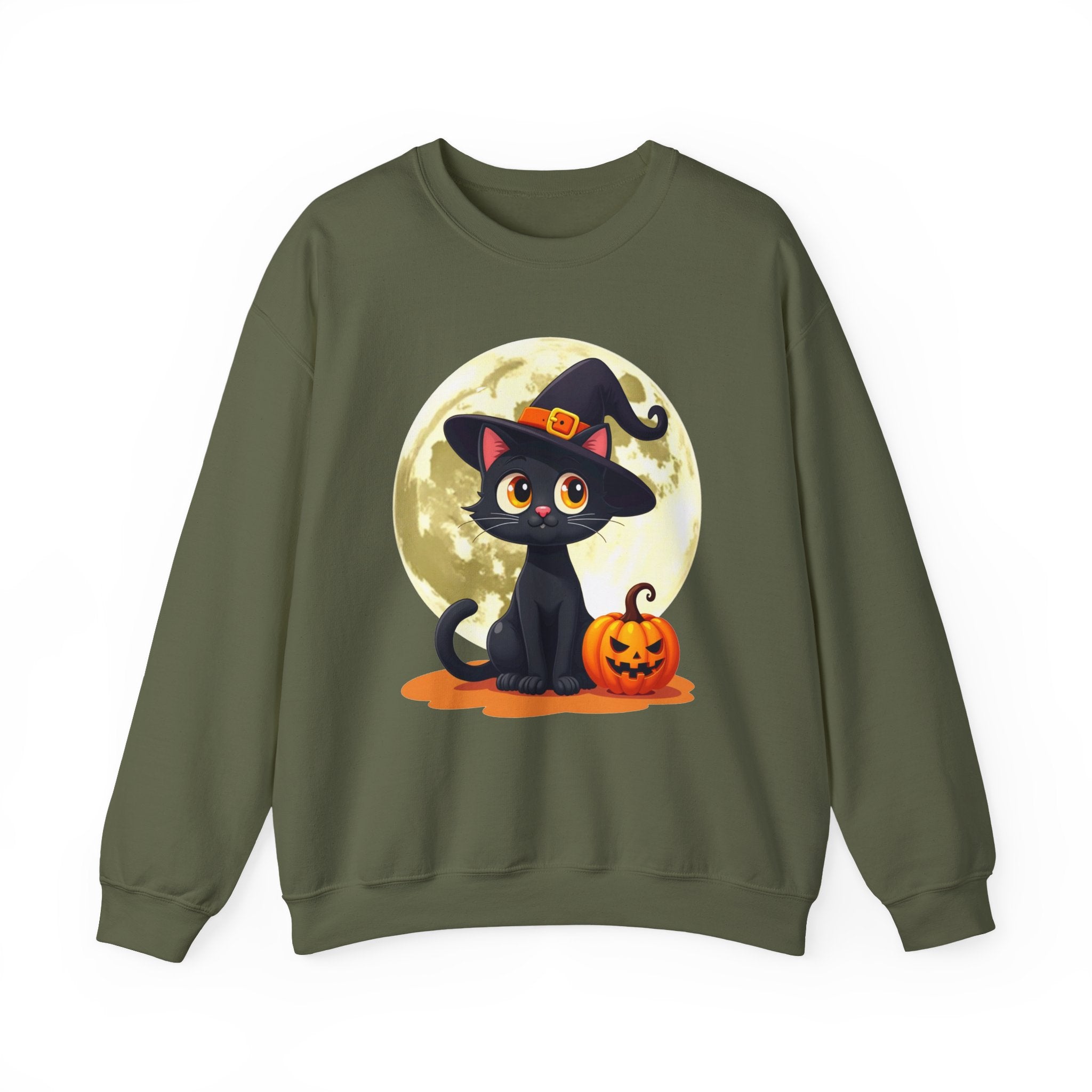 Military green sweatshirt with a Halloween design of a black cat and pumpkin on a white background