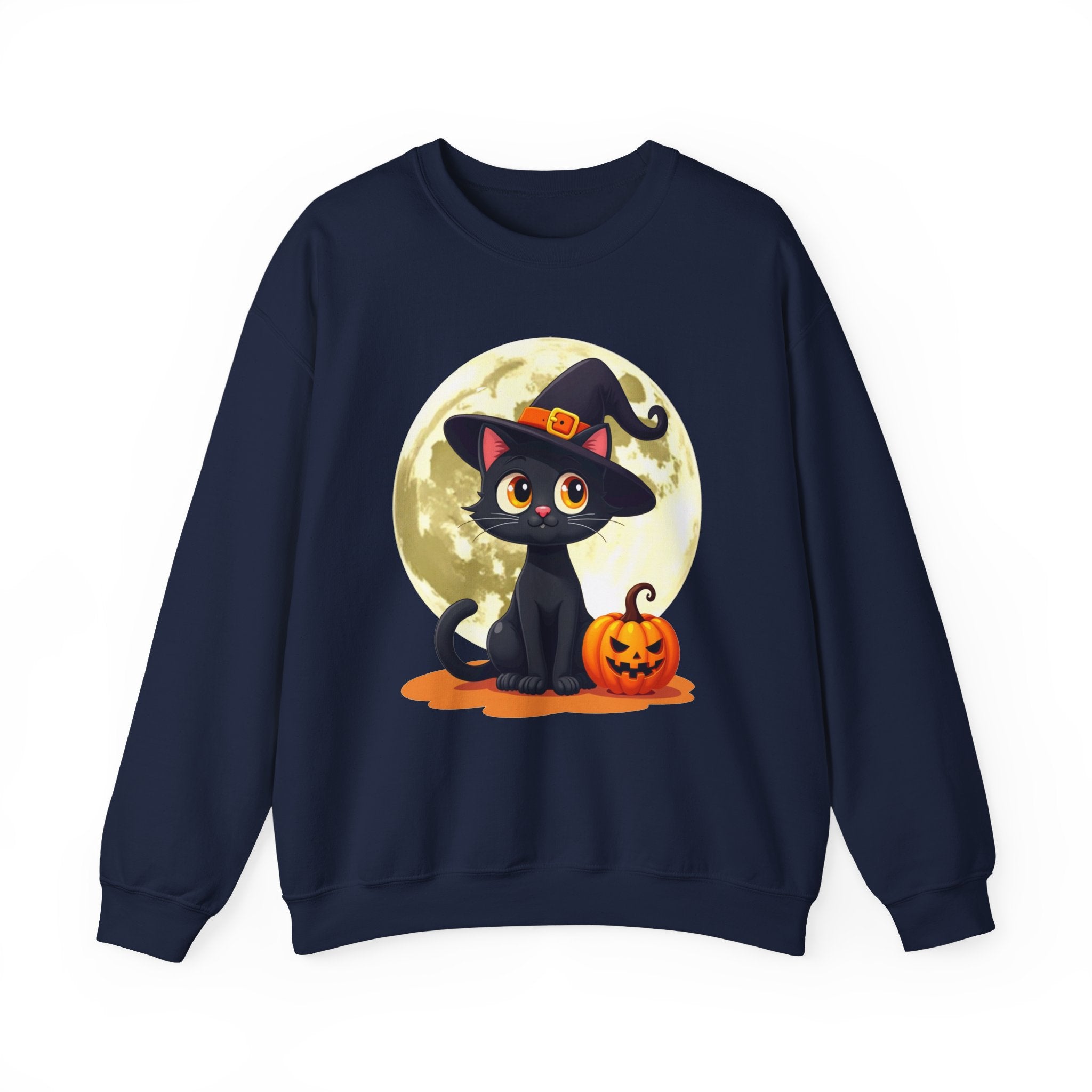 Navy blue sweatshirt with Halloween design of a black cat, pumpkin, and moon on a white background