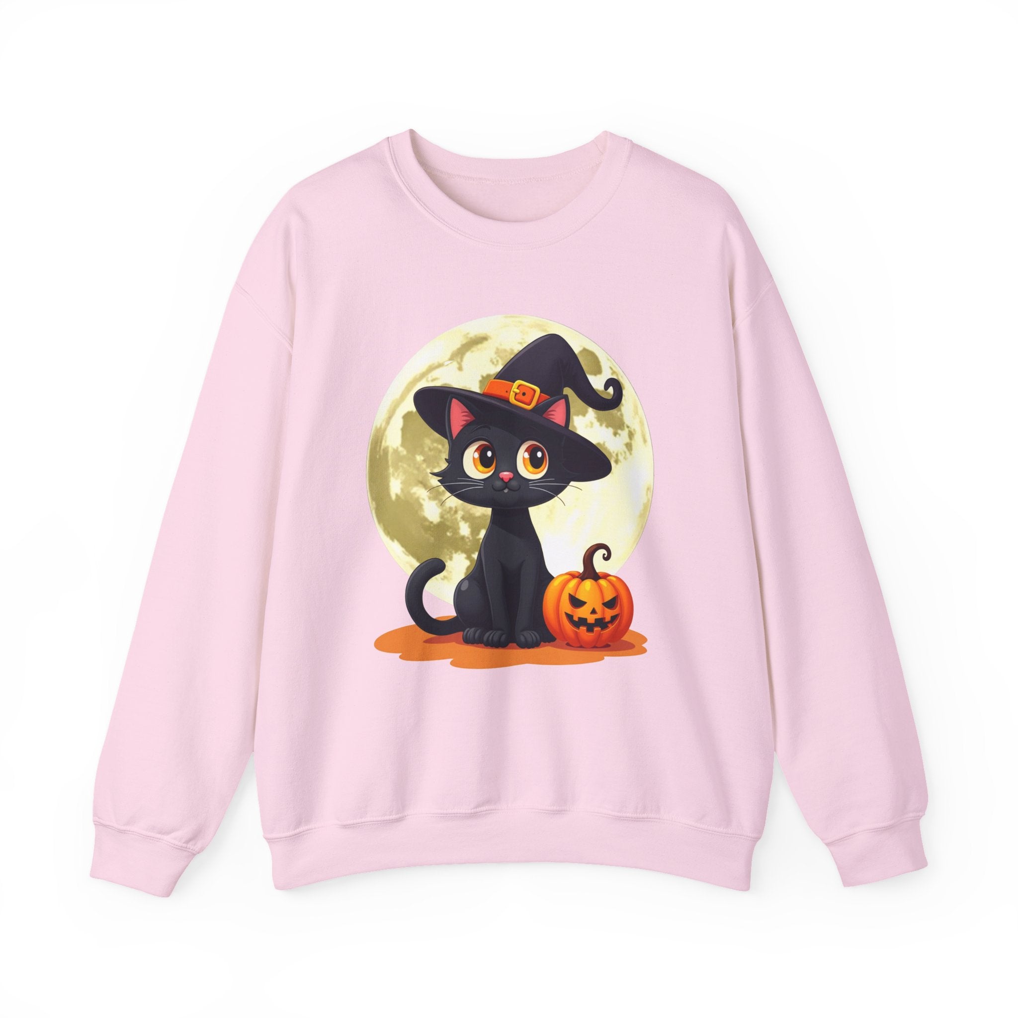 Pink sweatshirt with a Halloween design of a black cat and pumpkin on a white background