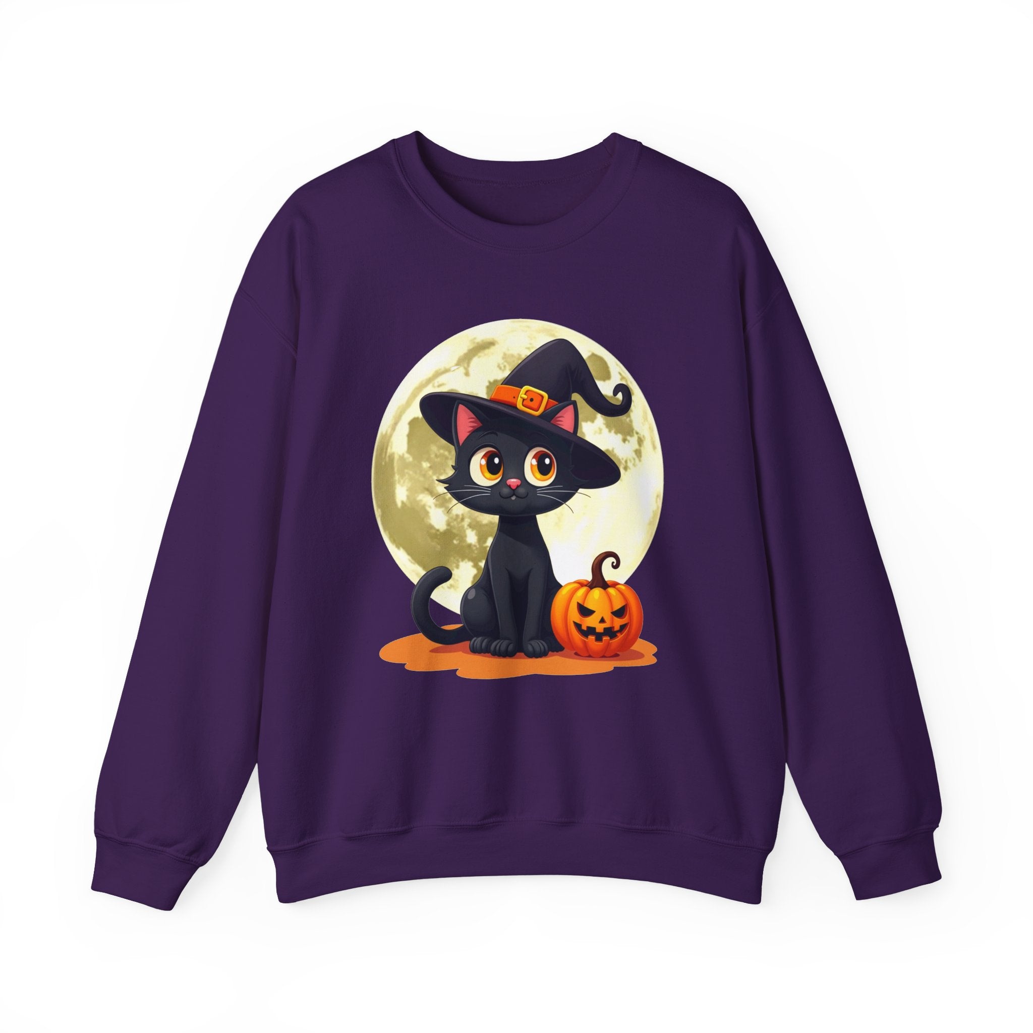 Purple sweatshirt with a Halloween design of a black cat and pumpkin on a white background