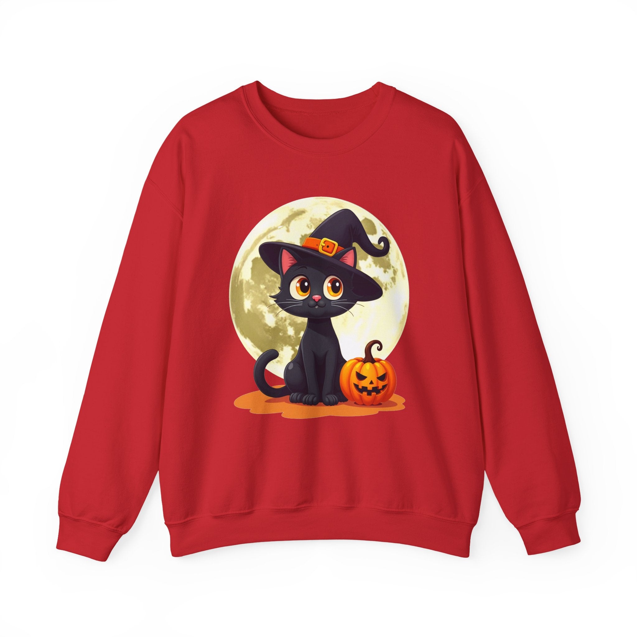 Red sweatshirt with a Halloween design of a black cat, witch hat, and pumpkin in front of a moon.