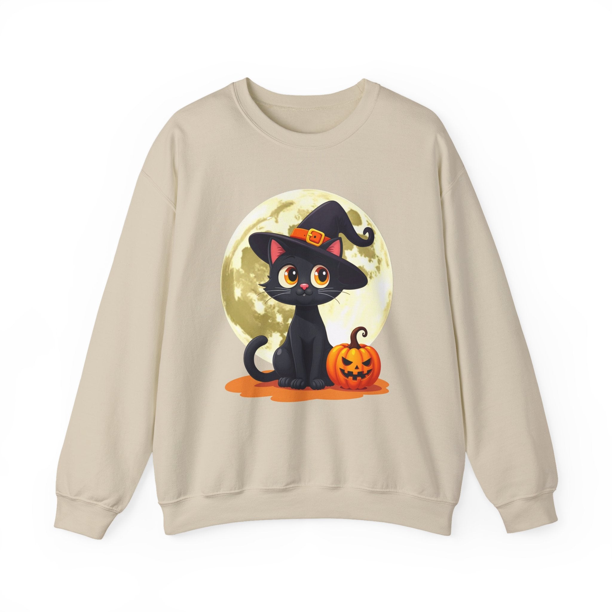Beige sweatshirt with a Halloween design of a black cat in a witch hat and pumpkin.