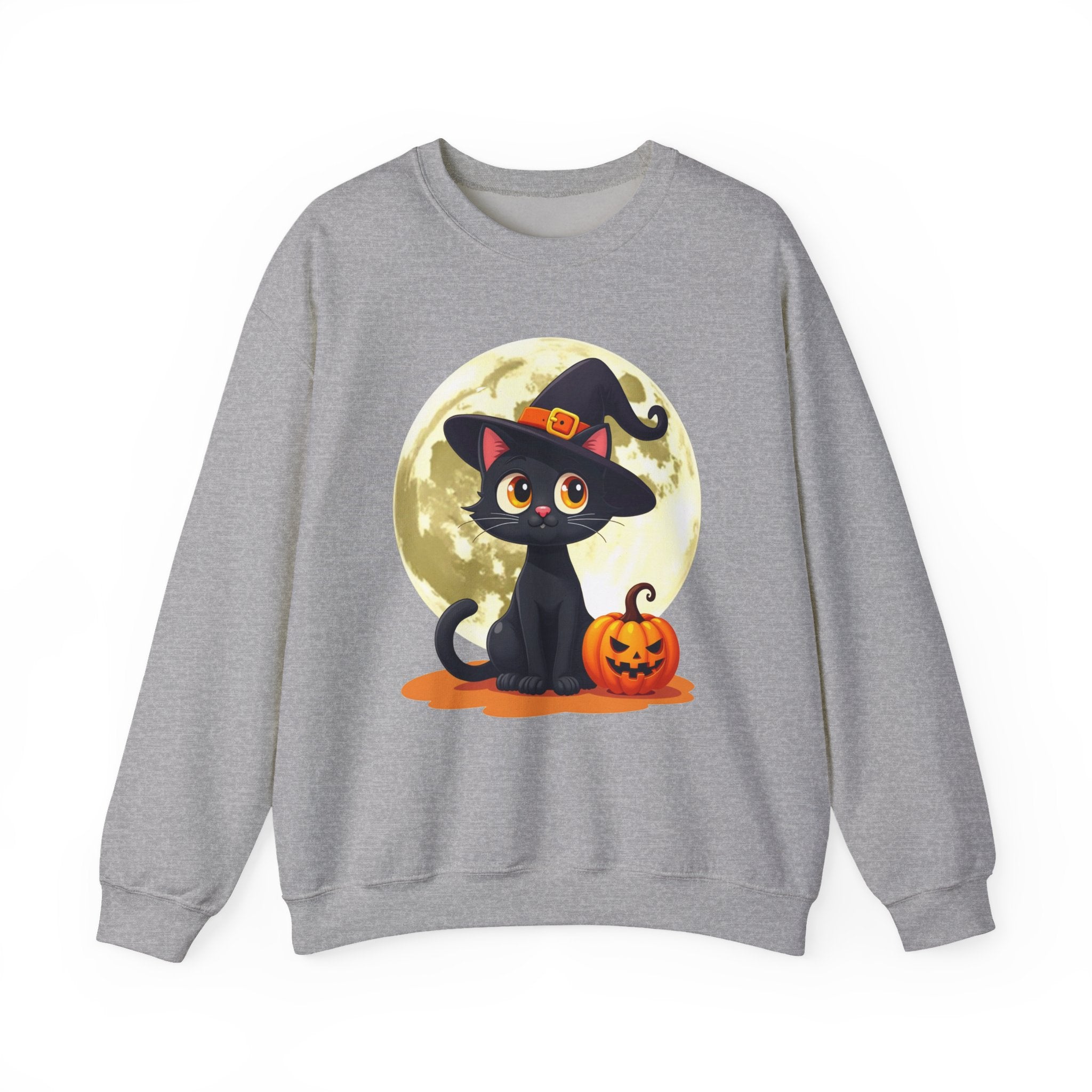 Gray sweatshirt with a Halloween-themed design featuring a black cat, pumpkin, and moon on a white background.
