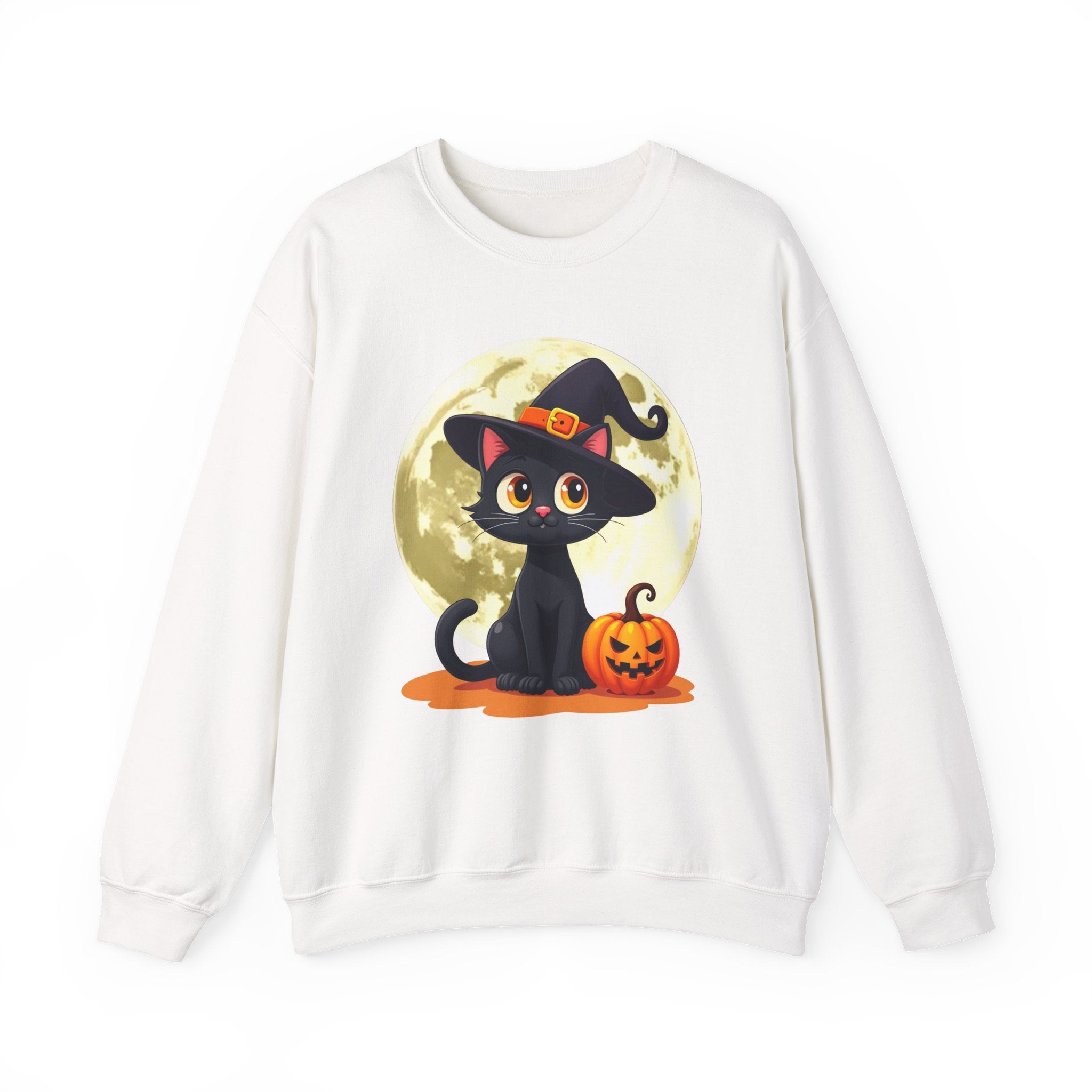 White sweatshirt with a Halloween-themed design featuring a black cat and pumpkin on a white background.