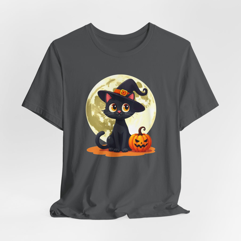 Asphalt gray t-shirt with a Halloween design of a black cat in a witch hat and pumpkin in front of a moon.