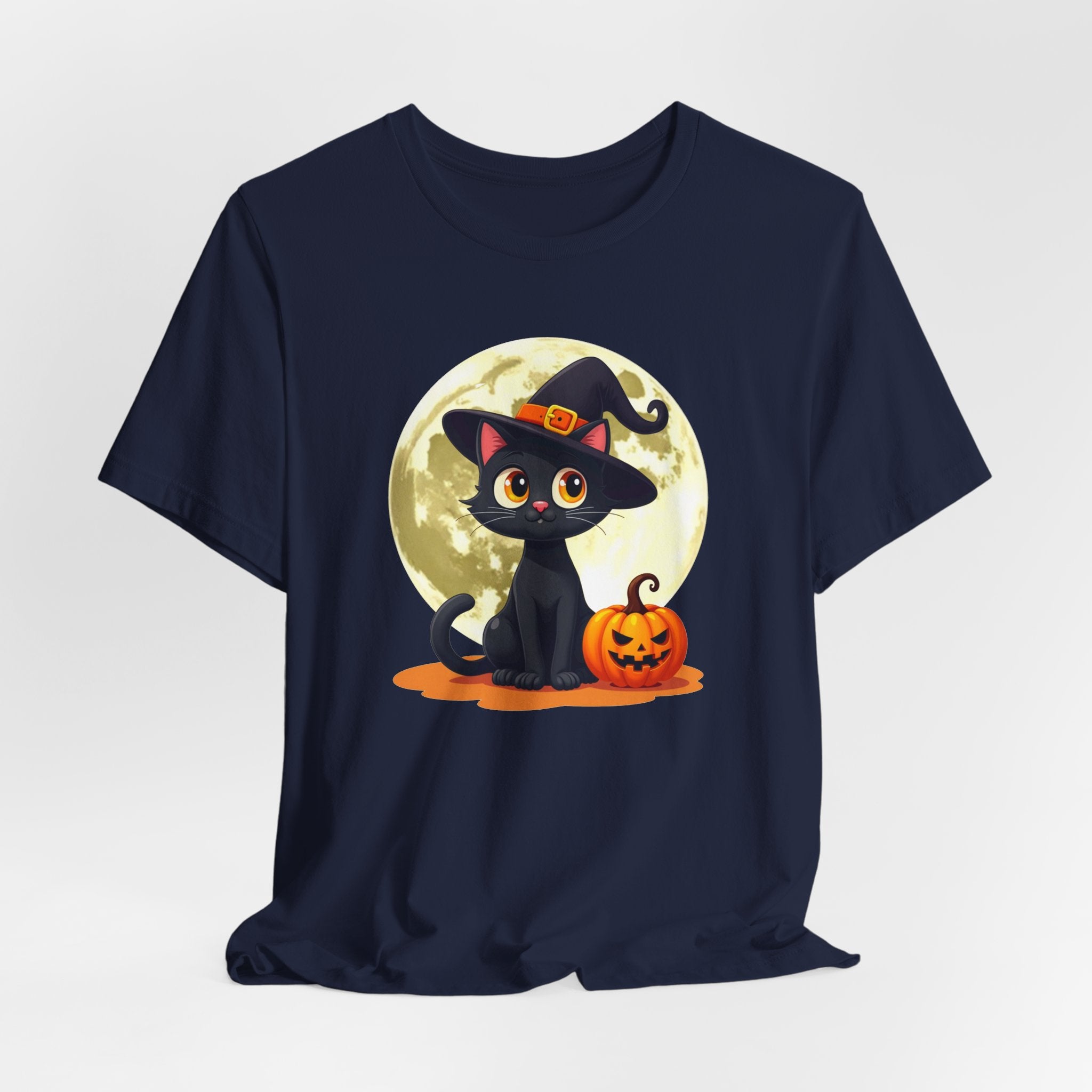 Navy blue t-shirt with a Halloween design of a black cat, pumpkin, and moon on a white background