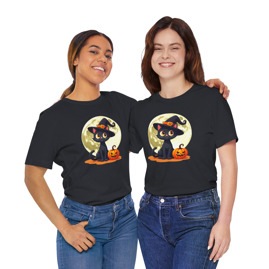 Two people wearing black t-shirts with a Halloween design of a black cat, moon, and pumpkin.