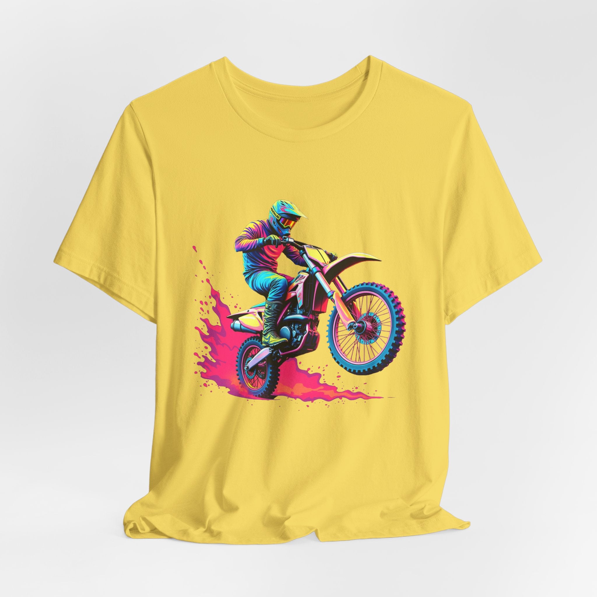 Yellow t-shirt with a graphic of a motocross rider on a bike